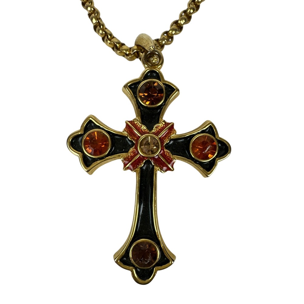 Gold Tone Black Enamel Amber Crystal Gothic Cross Pendant Necklace Brooch 2-in-1